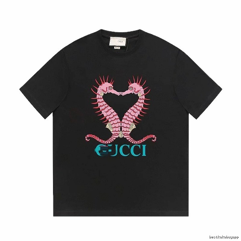 Gucci Double Seahorse Print Trendy Style Black T-Shirt