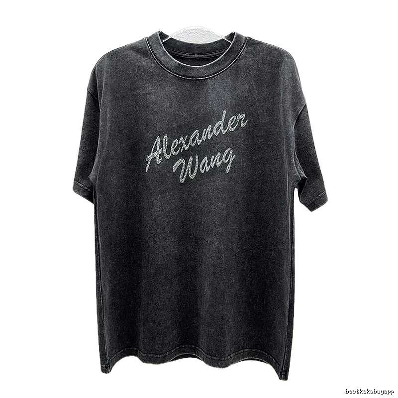 Alexander Wang Distressed Charcoal Gray Rhinestone-embellished Short Sleeve T-Shirt