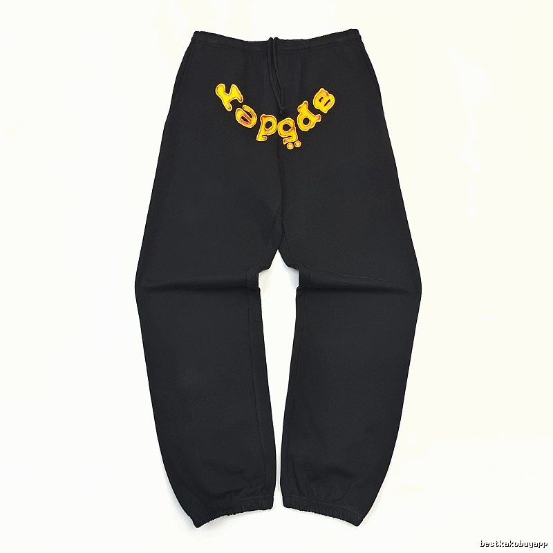 Bold Yellow Wordmark Graphics And Cuffed Hems Black Sp5der Logo Sweatpants