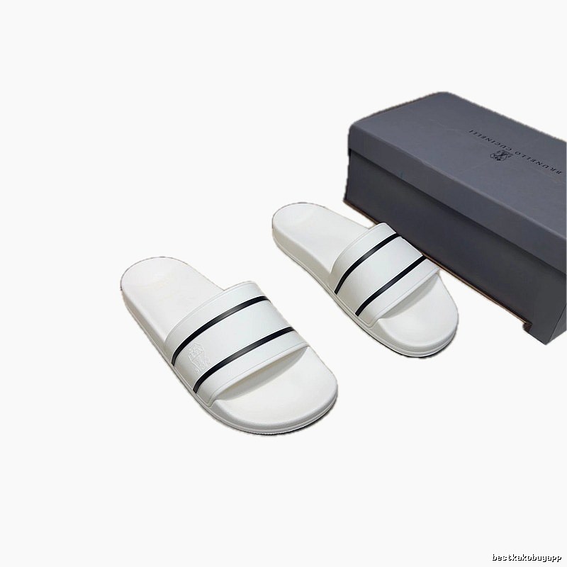 Brunello Cucinelli Minimalist Style Striped White Slippers