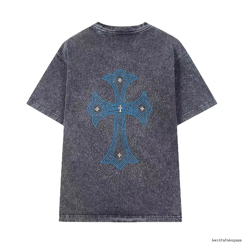 Chrome Hearts Blue Cross Vintage Charcoal Gray Short Sleeve T-shirt