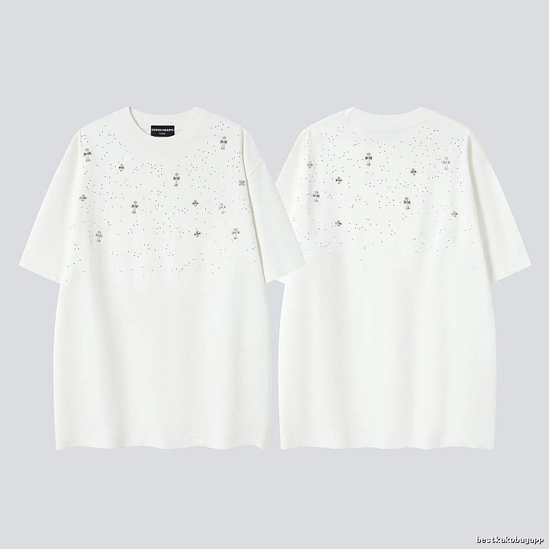 Chrome Hearts Cross Hot-Fix Rhinestone Street Style White T-Shirt