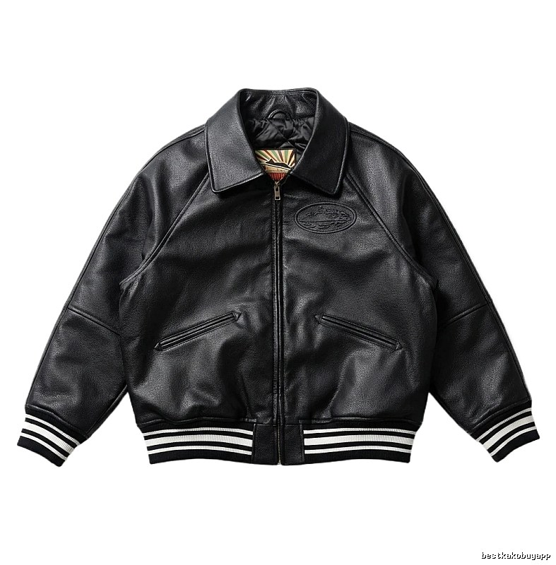 Corteiz baseball-style black leather jacket