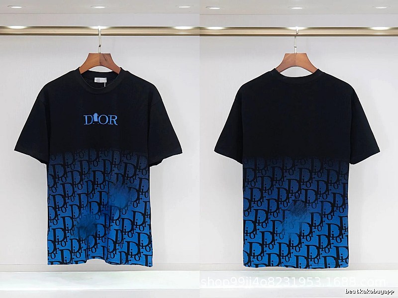 Dior Classic Monogram Trendy Style Black-Blue Gradient T-Shirt