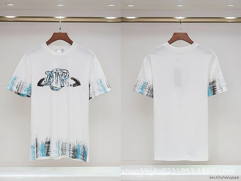Dior Graffiti Collection Street Style White and Blue Short-sleeve T-shirt