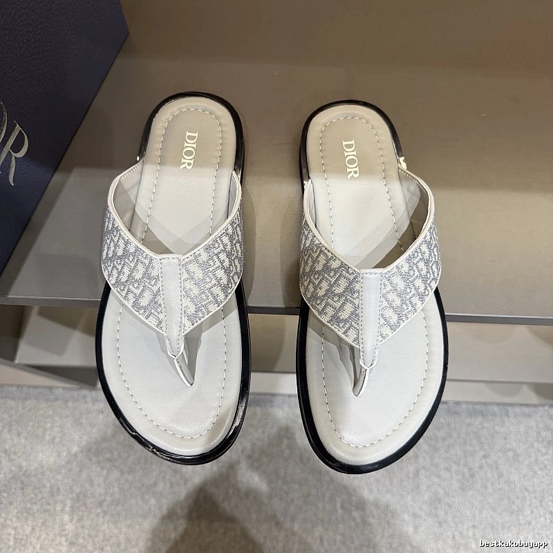 Dior Oblique Collection Light Luxury Style Light Gray Flip-Flops