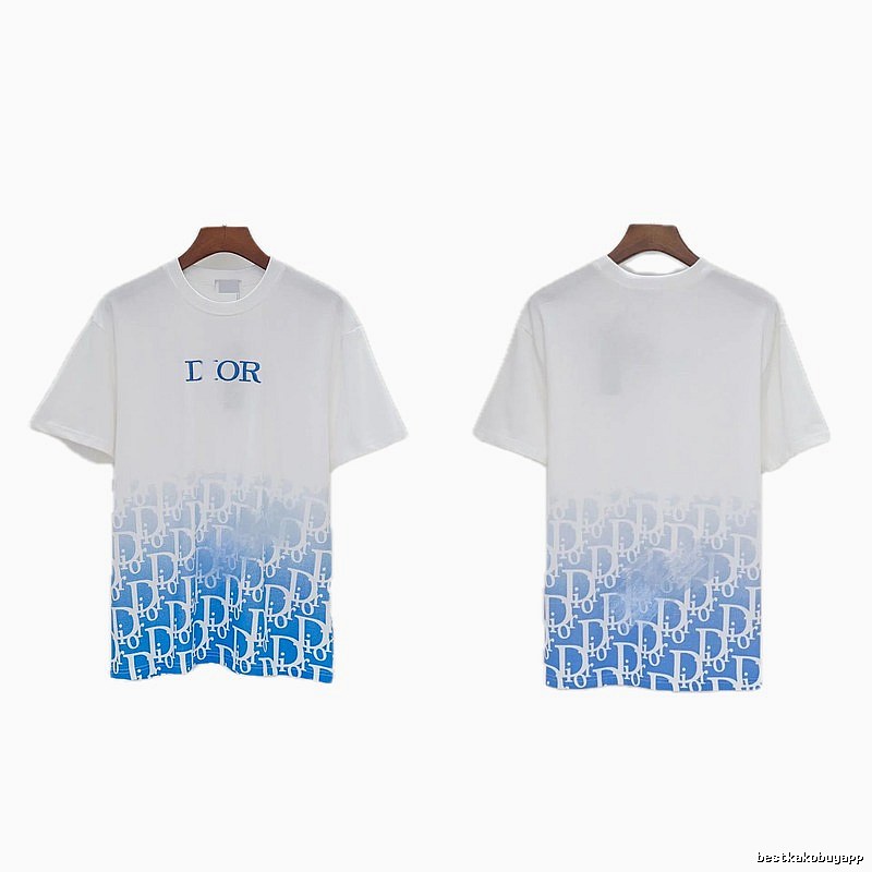 Dior Oblique Gradient Trendy Style Blue and White Short-sleeved T-shirt