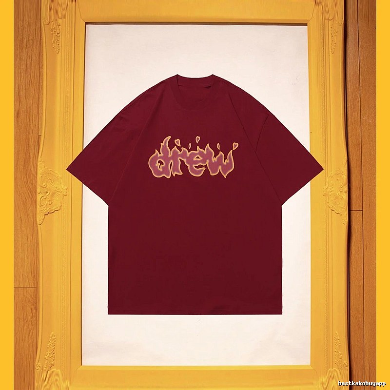 DREW Flame Heart Street Style Burgundy Short Sleeve T-Shirt