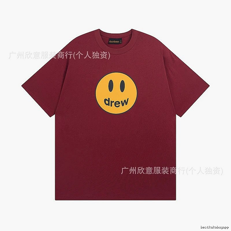 DREW Smiley Face Streetwear Style Burgundy Short Sleeve T-Shirt