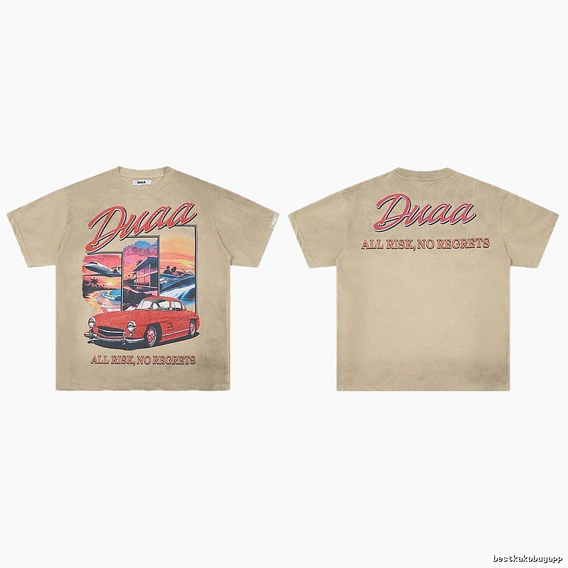 DUAA American Retro Sports Car Print Khaki T-shirt