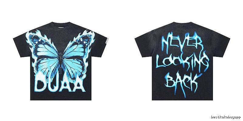 DUAA Butterfly Print Street Style Black and Blue Short-sleeved T-shirt