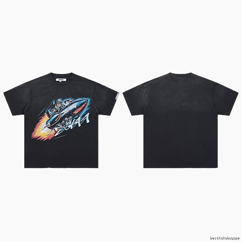 DUAA Rocket Print Vintage Style Black Short-sleeve T-shirt