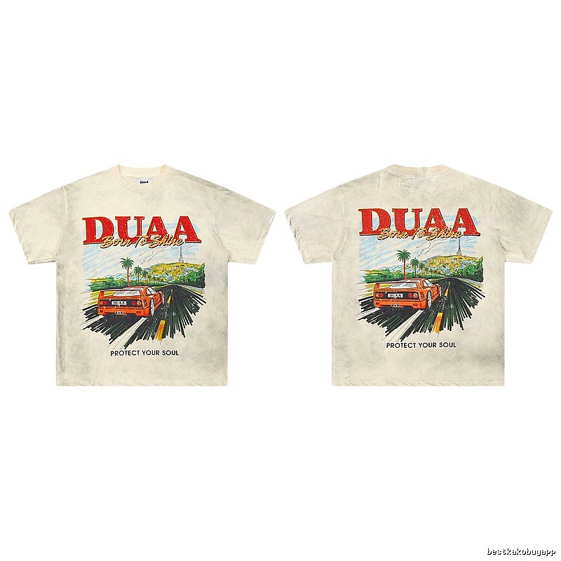 DUAA Sports Car Print American Retro Off-white Short Sleeve T-Shirt