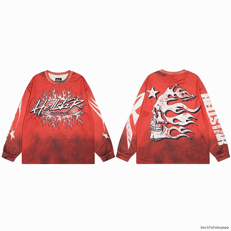 Hellstar Skull Flame Street Style Red Long Sleeve T-shirt