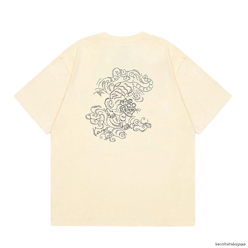 KENZO Auspicious Cloud Tiger Embroidery Chinese Style Beige Apricot Short Sleeve T-Shirt