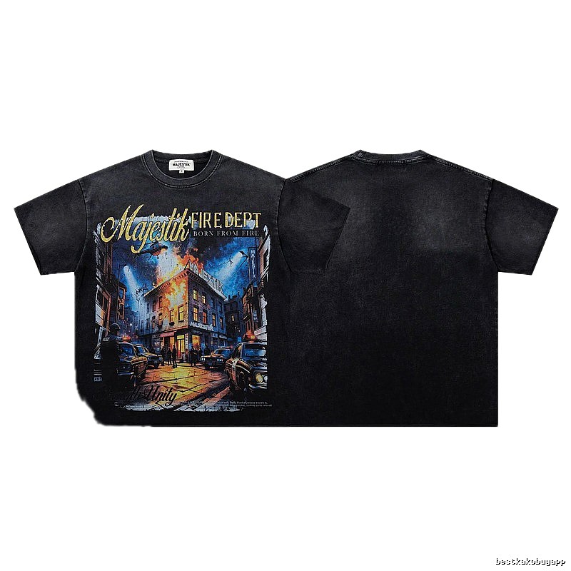MAJESTIK Fire Department Vintage Distressed Black Printed T-shirt