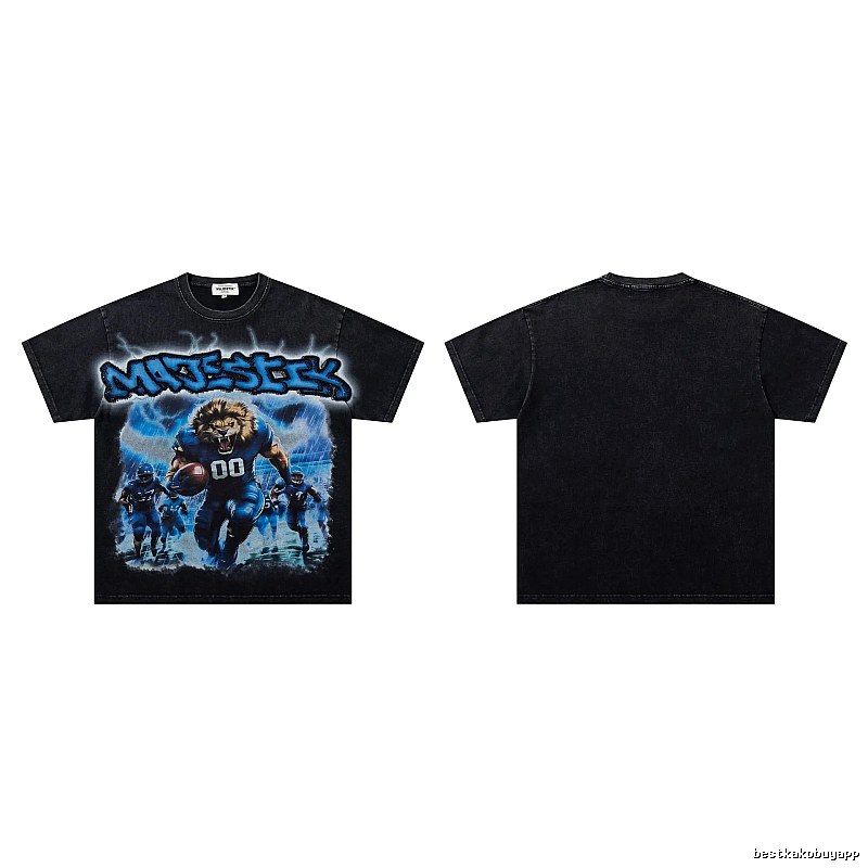 MAJESTIK Lion Head Rugby American Retro Black T-Shirt