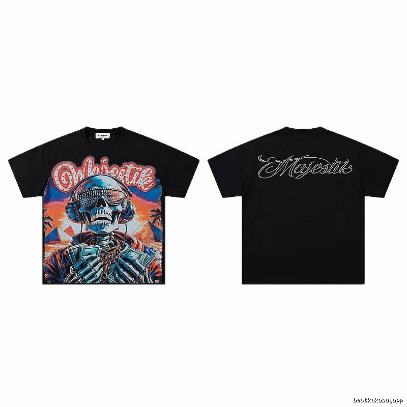 MAJESTIK Skull Print Hip-hop Style Black T-shirt