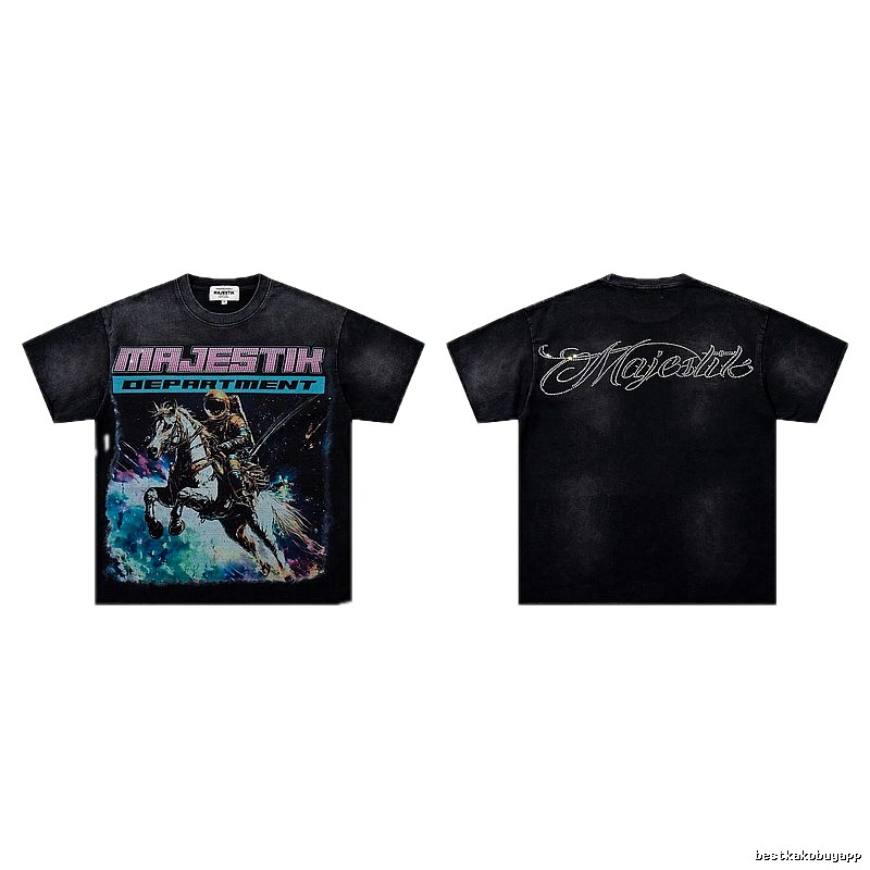 MAJESTIK Space Print Vintage Distressed Black T-Shirt