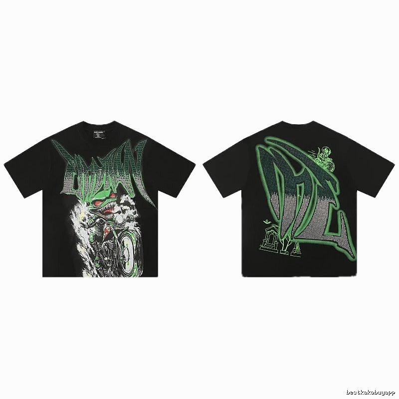 Mixed Emotion Motorcycle Gothic Style Black and Green Short Sleeve T-Shirt