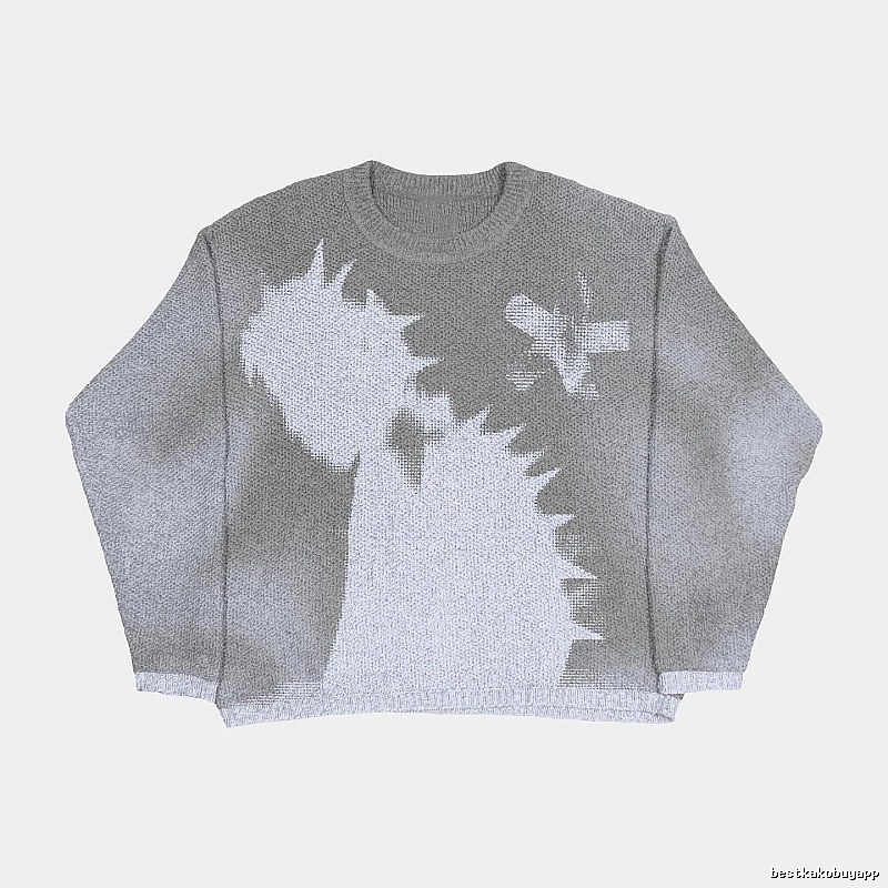 Patterned Anime graphic sweater Black Knit Top with Polished Detail