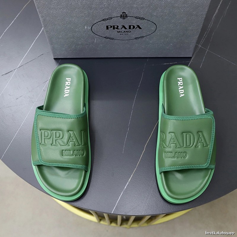 Prada Embossed Light Luxury Style Green Slide Sandals