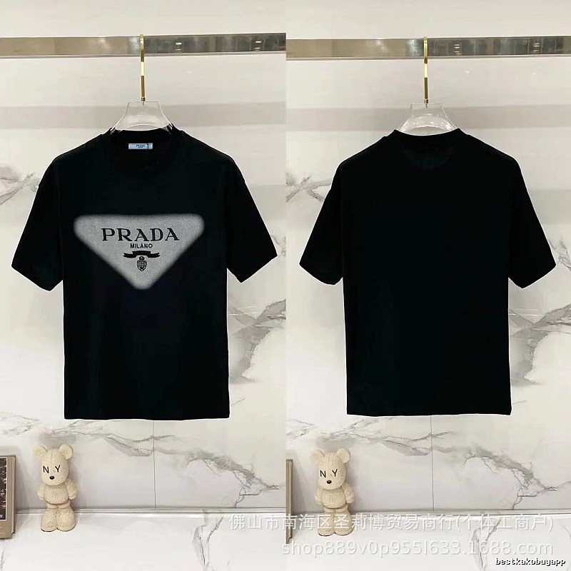 Prada Triangle Logo Trendy Style Black Short-sleeve T-shirt