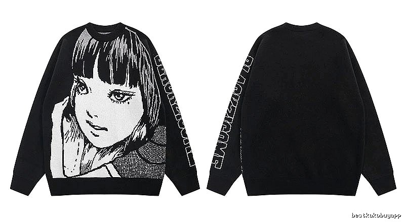Relaxed Anime graphic sweater Black Knit Top with Versatile Design