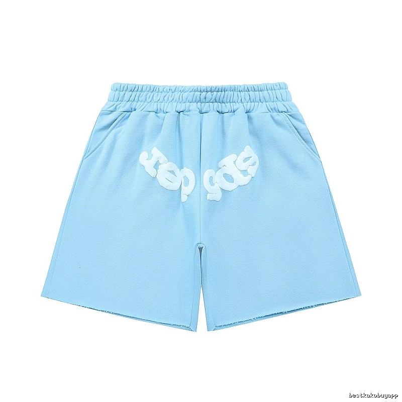 Sp5der letter-style light blue shorts