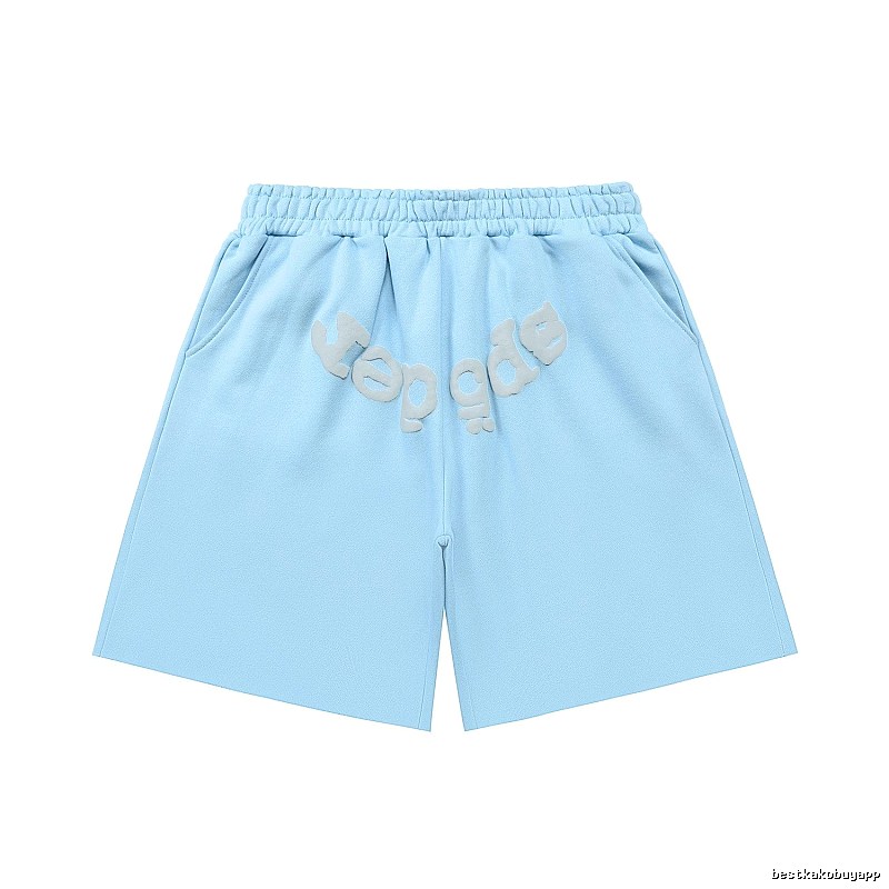 Sp5der letter-style light blue shorts