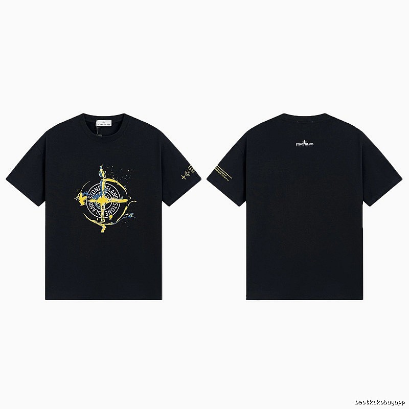 Stone Island Ink-splattered Street Style Black Short-sleeve T-shirt