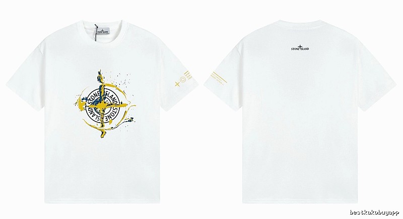 Stone Island Ink-splattered Trendy Style White T-shirt