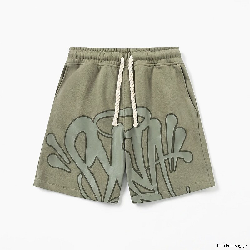 SynaWorld graffiti-style military green shorts